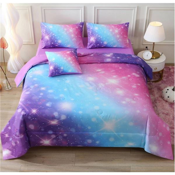 JQinHome Glitter Bedding Set Queen Size,6 Piece Bed in A Bag 3D Colorful Rainbow Galaxy