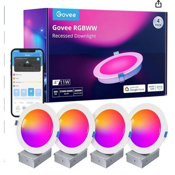 Govee 4 Inch Smart Recessed Pot Lights, Wi-Fi & Bluetooth RGBWW Dimmable LED Downlights, 16 Million 
