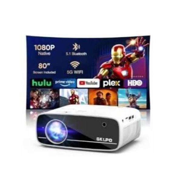 GKLPO Native 1080P 4K Supported Projector with HDMI, USB, WiFi 6, and Bluetooth