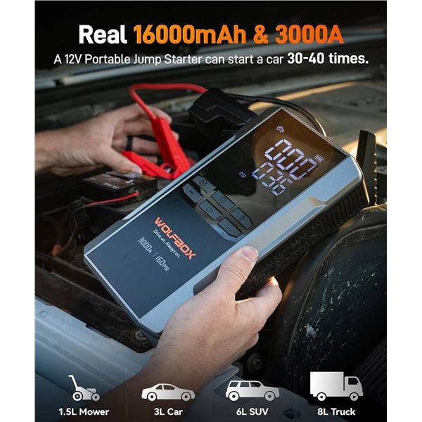WOLFBOX 3000A Jump Starter Booster Pack with 160 PSI Air Compressor 59.2Wh 12V Battery Booster (8L G
