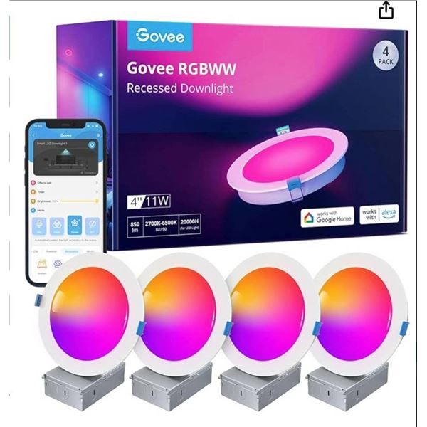 Govee 4 Inch Smart Recessed Pot Lights, Wi-Fi & Bluetooth RGBWW Dimmable LED Downlights, 16 Million 