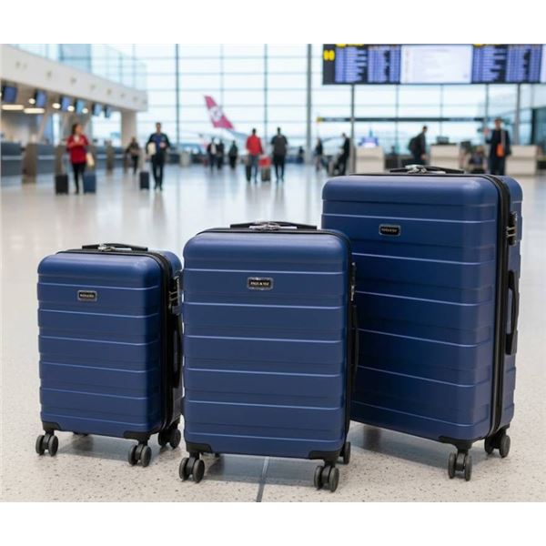 Pack & Fly 3-Piece Luggage Set Navy Blue 20-inch (cabin), 24-inch (medium), and 28-inch (large).