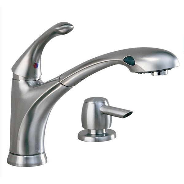 Delta 16927-SSSD-DST Debonair Single Handle Pull-Out Kitchen Faucet with Soap Dispenser, Stainless