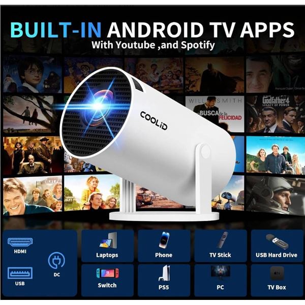 Coolid Projector with 180-Degree Projection and Wi-Fi Connectivity