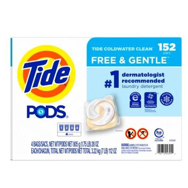 Tide Pods Free & Gentle Unscented, 4 Bags, 152 Count Total