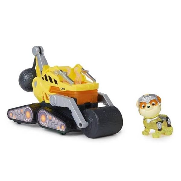 PAW Patrol: The Mighty Movie, Construction Toy Truck with Rubble Mighty Pups Action Figure, Lights a