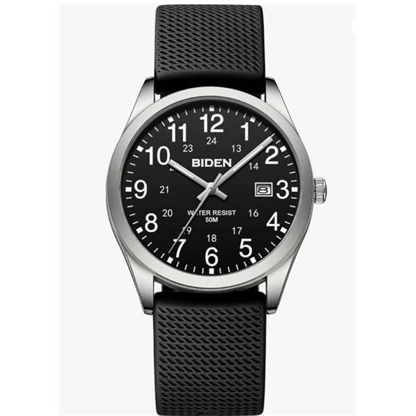BIDEN Mens Analog Quartz Watch, Black Dial and Black Silicone Strap