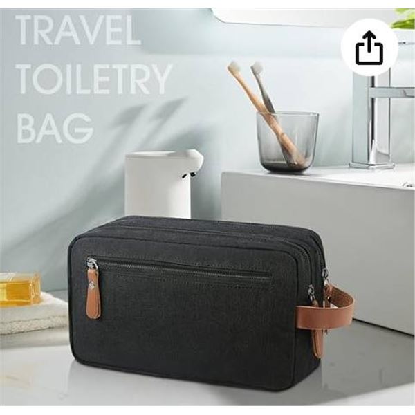 Lubardy Black Leather and Canvas Multi-Zipper Toiletry Bag
