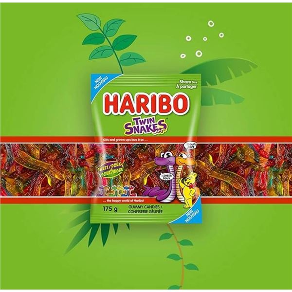 Haribo Twin Snakes Sweet & Sour Gummy Candy, 6 Fruity Flavours, 175g Bulk Lot of 12 Packs