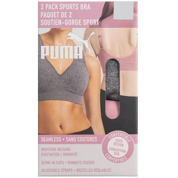 Puma 2-Pack Seamless Sports Bra, Convertible Design, Size XL