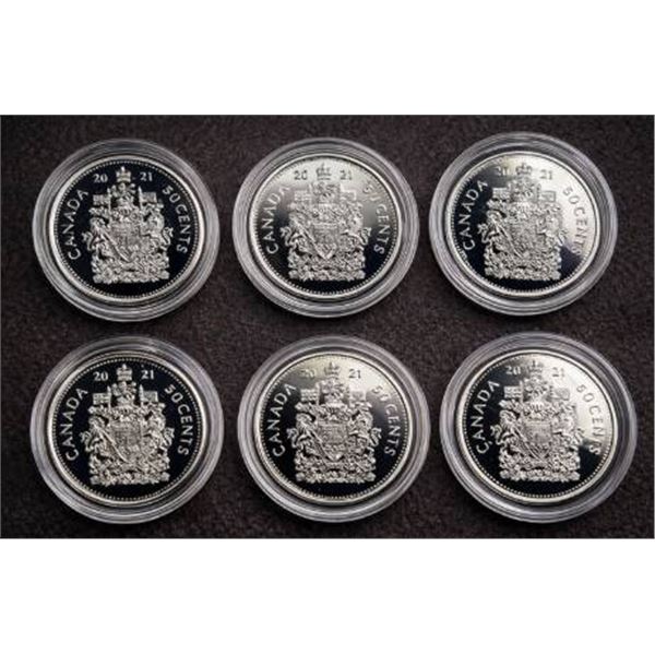 Six Canada 50 Cents Coins Featuring Queen Elizabeth II and Coat of Arms