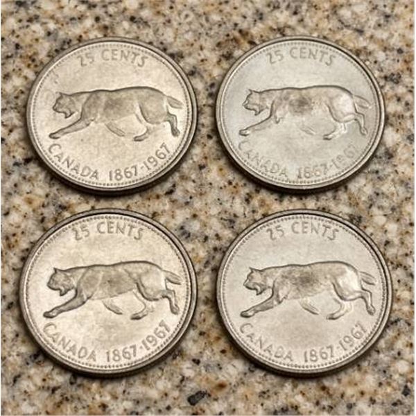 4 Canadian 25-Cent Coins, 1867-1967 Centennial, Lynx Design