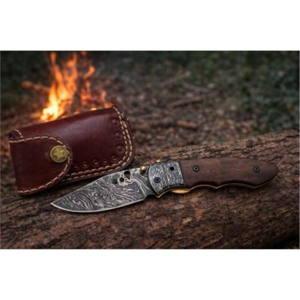 Damascus Steel Folding Knife with Wooden Handle and Leather Sheath