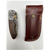 Image 3 : Damascus Steel Folding Knife with Wooden Handle and Leather Sheath