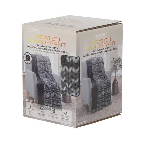 Berkshire Heated Luxe Faux Fur Throw, 127 cm x 152 cm, Gray Pattern
