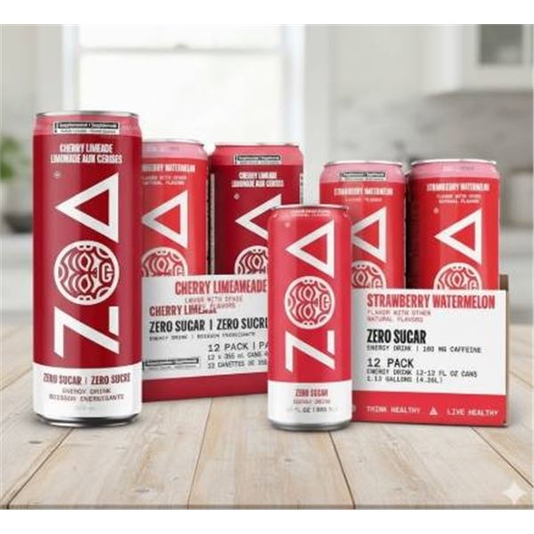 ZOA Zero Sugar Energy Drink, Strawberry Watermelon & Cherry Limeade, 24-Pack