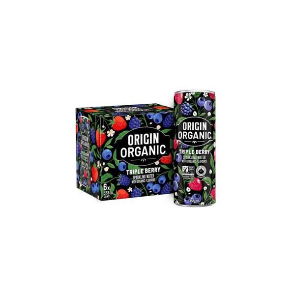 Origin Organic Sparkling Water, Triple Berry, 4 x 6 Pack, 355 mL Cans