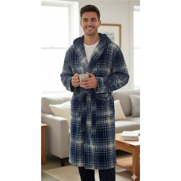 Plush Shawl Robe in Blue Plaid Design, Size Small/Medium