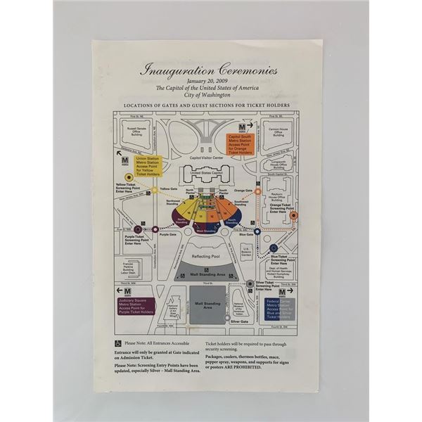 Barack Obama 2009 Presidential Inauguration Ceremony ticket holder map