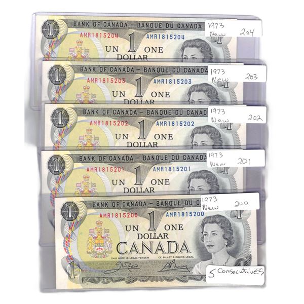 1973 $1 FIVE CONSECUTIVE AMR1815200 - AMR1815204 , Uncirculated