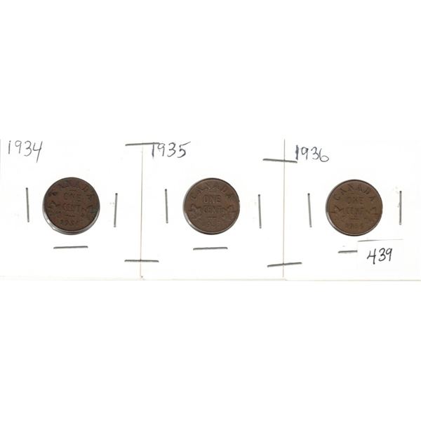 1934, 1935 and 1936 Canada one cent