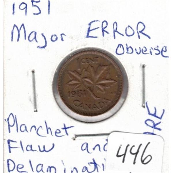 1951 Major error obverse , planchet flaw