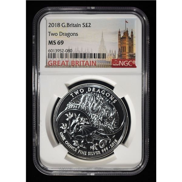 2018 TWO DRAGONS 1 OZ 0.999 SILVER ROUND NGC MS69