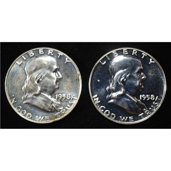 (2) 90% SILVER 1958 FRANKLIN HALF DOLLARS PROOF BU