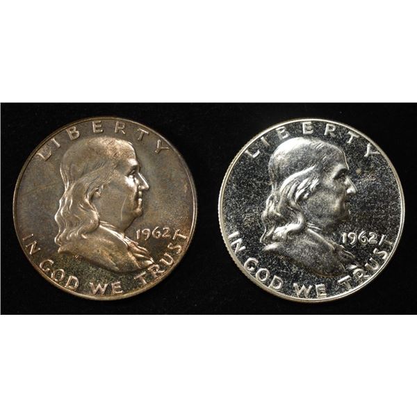 (2) 90% SILVER 1962 FRANKLIN HALF DOLLARS PROOF BU