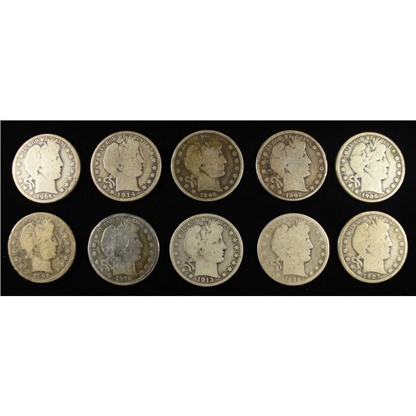 (10) 90% SILVER BARBER HALF DOLLARS