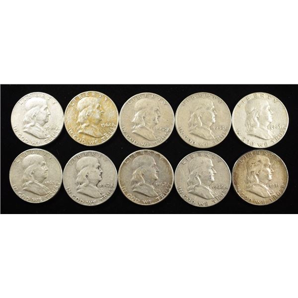 (10) 90% SILVER FRANKLIN HALF DOLLARS