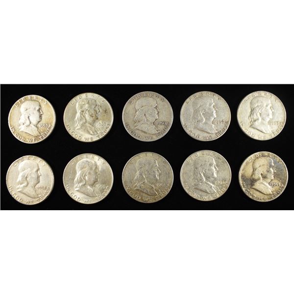 (10) 90% SILVER FRANKLIN HALF DOLLARS