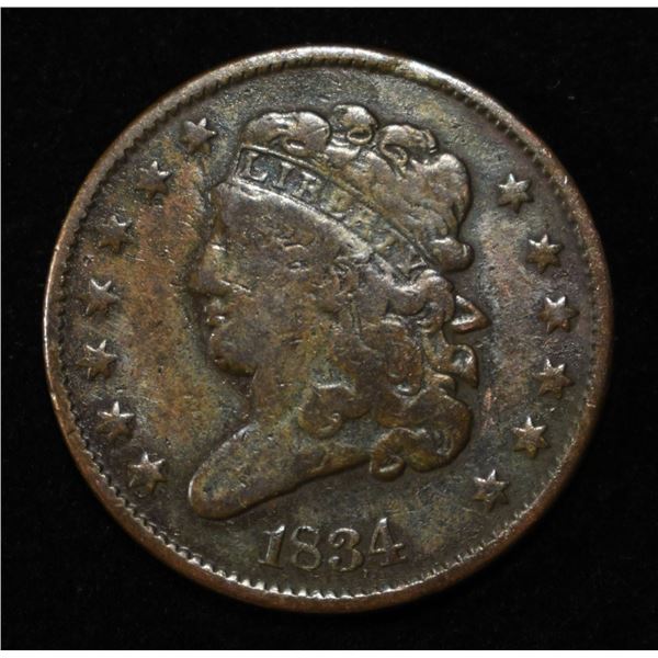 1834 CORONET HEAD HALF CENT F