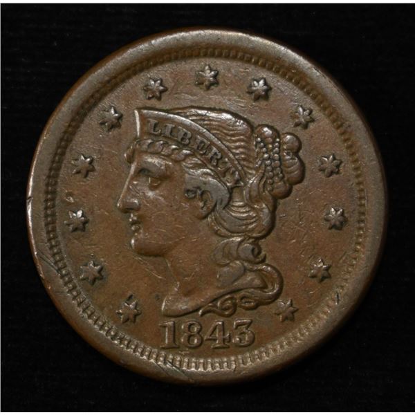 1843 LARGE CENT XF