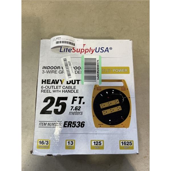 AS NEW HEAVY DUTY 25FT INDOOR OUTDOOR 3 WIRE GROUNDED 6-OUTLET CABLE REEL WITH HANDLEELECTRICAL CORD