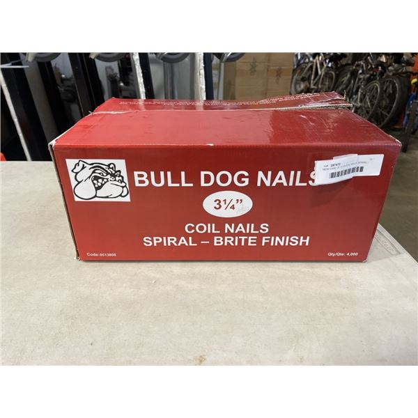 NEW CASE OF 3-1/4 COIL NAILS, SPIRAL - BRITE FINSH BULLDOG BRAND