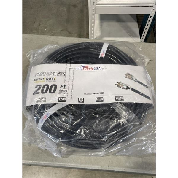 AS NEW HEAVY DUTY 200FT INDOOR OUTDOOR 3 WIRE GROUNDED ELECTRICAL CORD, BLACK 10AWG