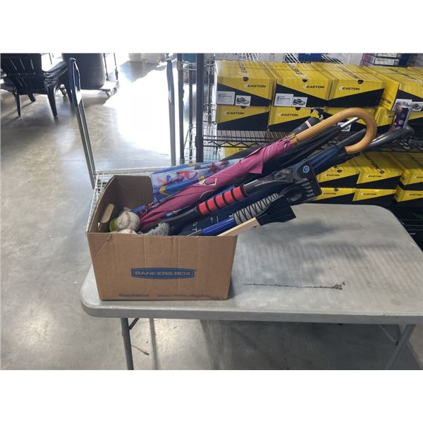 BOX OF UMBRELLAS AND SNOW SCRAPERS