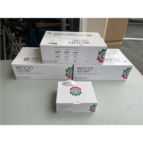 3 WOOD MAKERS 30PC WOOD STOCK SUPPLY KITS AND HOT GLUE GUN STAND W/ 20 GLUE STICKS