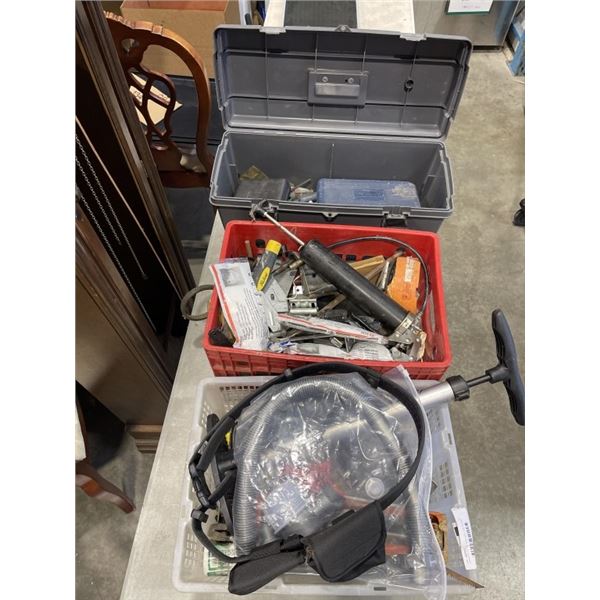 2 BINS OF TOOLS, TOOL BOX, AND SOLAR PANEL