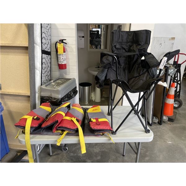OZARK TRAILS CAMP CHAIR AND 2 LIFE JACKETS