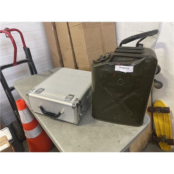 VINTAGE MILITARY STYLE GAS CAN, AND METAL HGARDCASE WITH PARTIAL TOOL SET