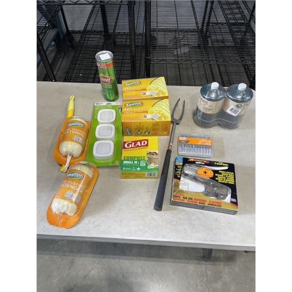 ASSORTED NEW SWIFFER DISUTERS AND REFILLS, BATTERIES, CLEANING SUPPLY, BAGS ETC