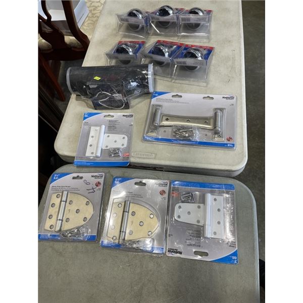 TRAY OF NEW SHOWER HEADS, GATE BRACKETS, ETC