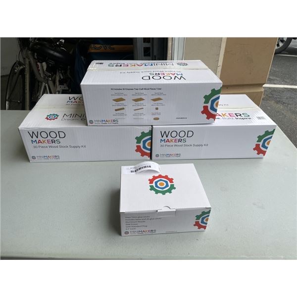 3 WOOD MAKERS 30PC WOOD STOCK SUPPLY KITS AND HOT GLUE GUN STAND W/ 20 GLUE STICKS