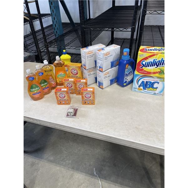 LARGE LOT OF ASSORTED NEW DISH SOAP, HOUSEHOLD CLEANERS, GARABGE BAGS ETC