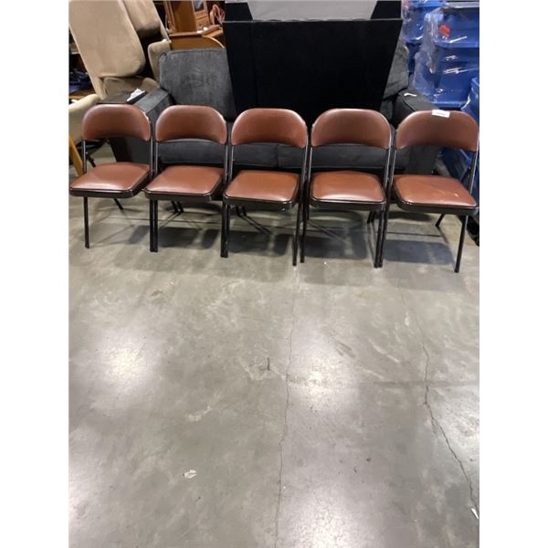 5 BROWN LEATHER AND METAL FOLDING CHAIRS
