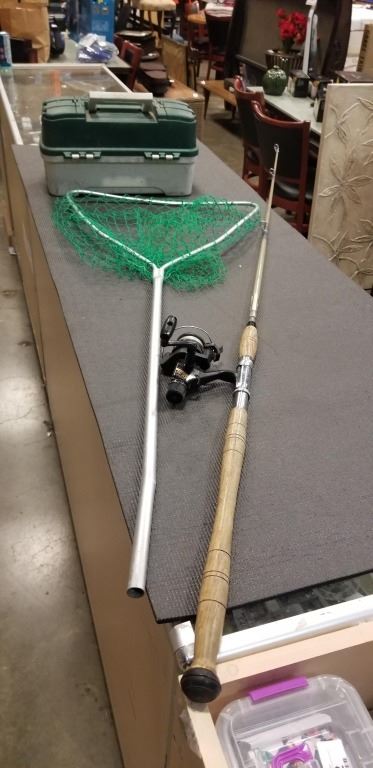Tackle Box Netting TACKLE BOX AND ASSORTED FISHING TACKLE CONTENTS, NET AND ROD WITH ...