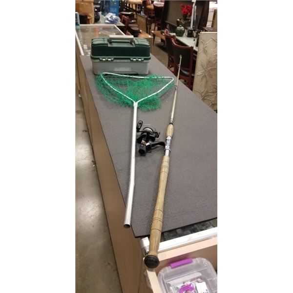 TACKLE BOX AND ASSORTED FISHING TACKLE CONTENTS, NET AND ROD WITH SPINNING REEL