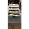 Image 4 : TACKLE BOX AND ASSORTED FISHING TACKLE CONTENTS, NET AND ROD WITH SPINNING REEL